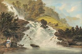 Unbekannt 1. Hälfte 19. Jh. - Landschaft mit Wasserfall und Figurenstaffage