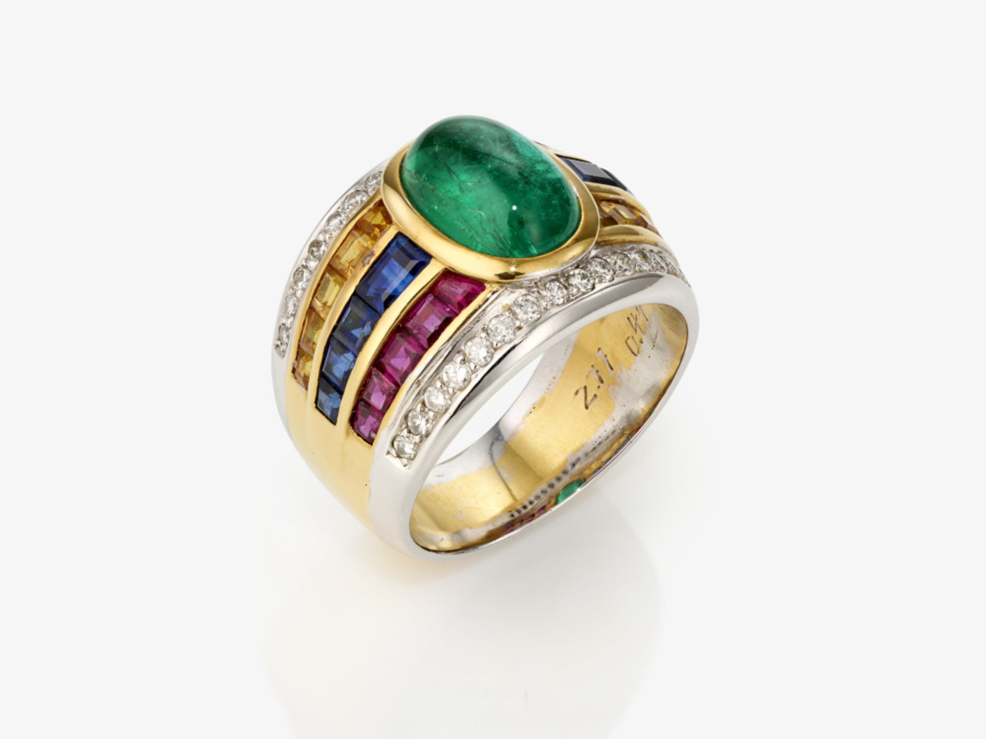 A band ring-like ring with emerald, sapphires and rubies