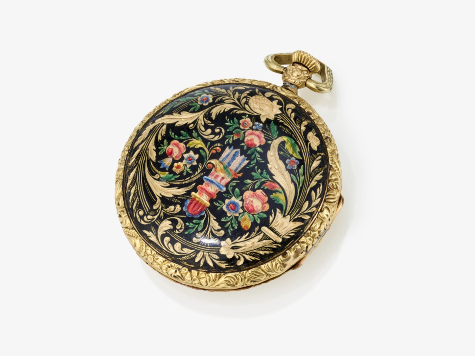 Taschenuhr mit floralem Emaildekor und Chatelaine - Taschenuhr: um 1840, Chatelaine: dat. 1783 - Bild 2 aus 3