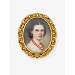 A necklace clasp with a portrait miniature of a young lady with coral jewellery - Germany, dated "Ju