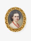 Collierschließe mit Porträtminiatur einer jungen Dame mit Korallenschmuck - Deutschland, datiert Jun