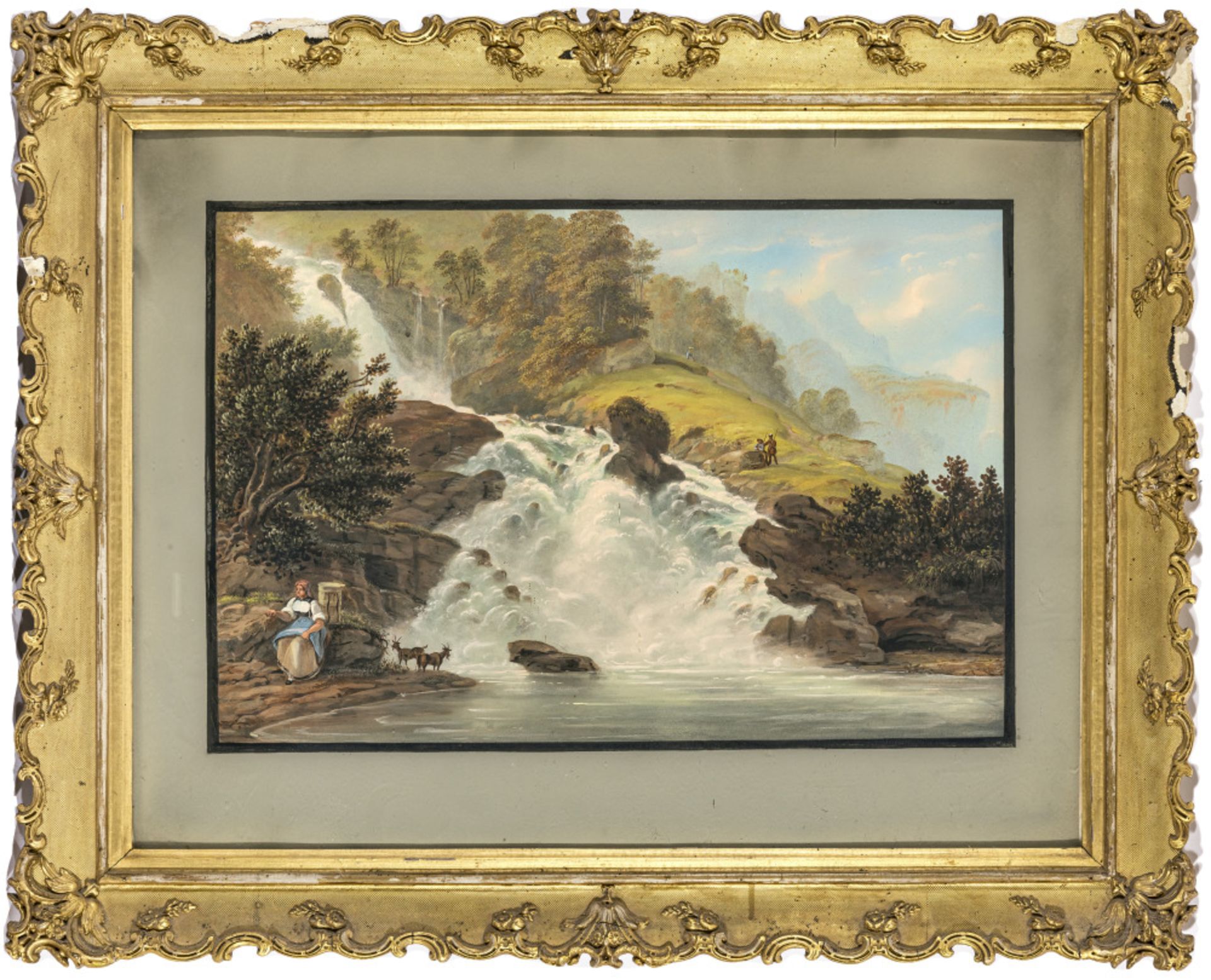 Unbekannt 1. Hälfte 19. Jh. - Landschaft mit Wasserfall und Figurenstaffage - Bild 2 aus 3