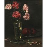 Roman Feldmeyer - Still life with carnations in a flower vase and a pewter plate with two apples. 19