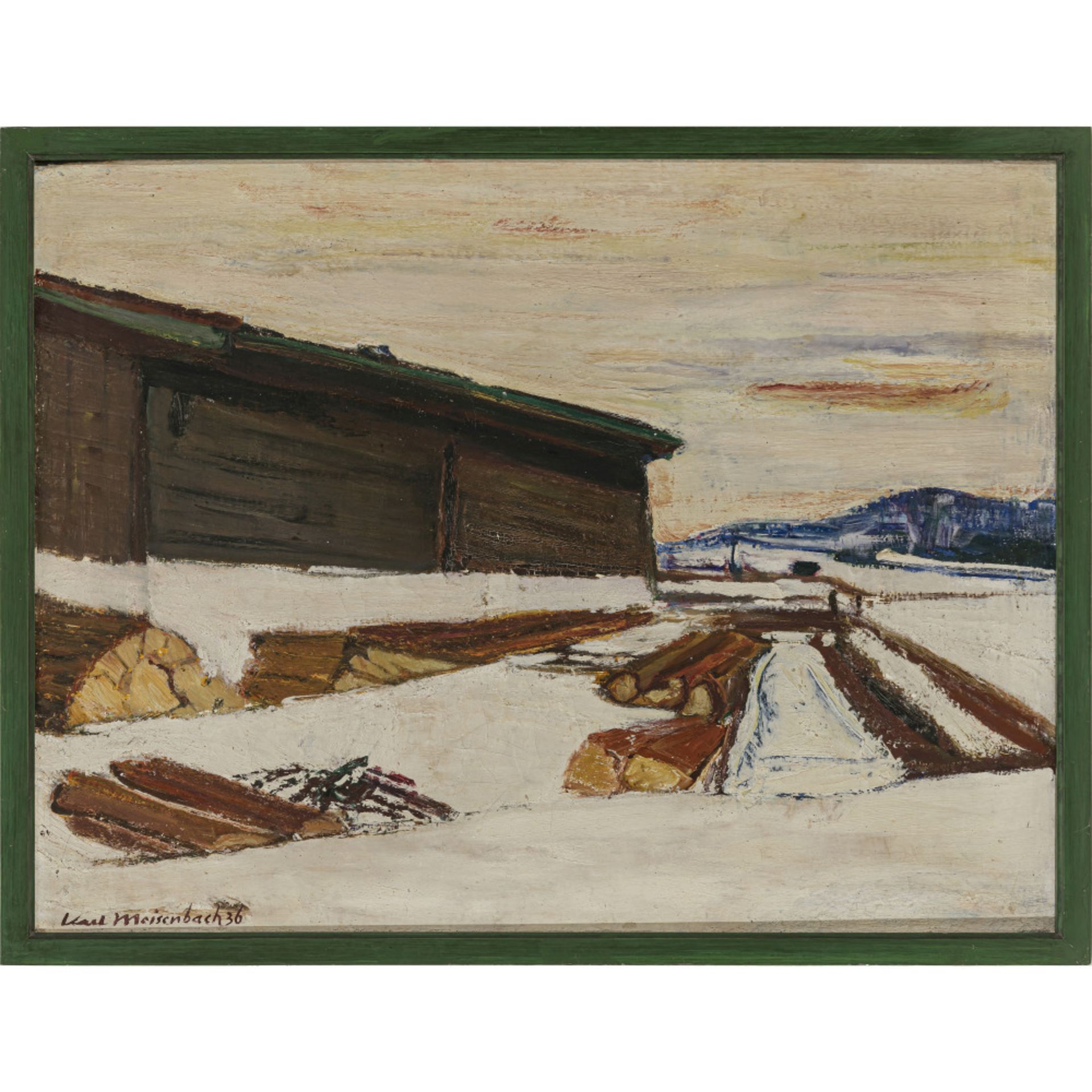 Karl Meisenbach - Winterlandschaft mit Hütte im Sonnenuntergang. 1936 - Bild 2 aus 2
