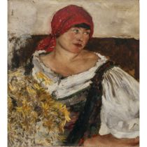 Paul Mathias Padua - Junge Bäuerin mit rotem Kopftuch und gelben Blumenkorb. 1928