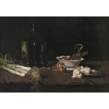 Constantin Gerhardinger - Still life with green bottle, leek and garlic. 1919