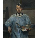 Thomas Baumgartner - Self-portrait in painters smock, leaning on an easel. 1932