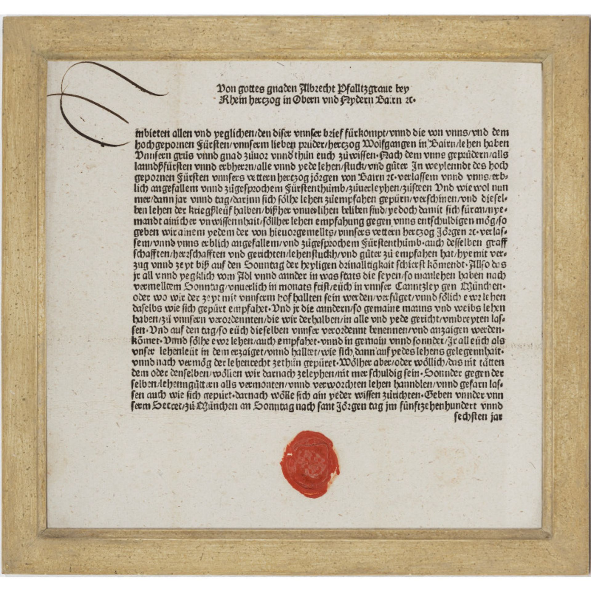 Herzog Albrecht IV. von Bayern - Gedrucktes Schreiben bezüglich der Verleihung der herzoglichen Lehe