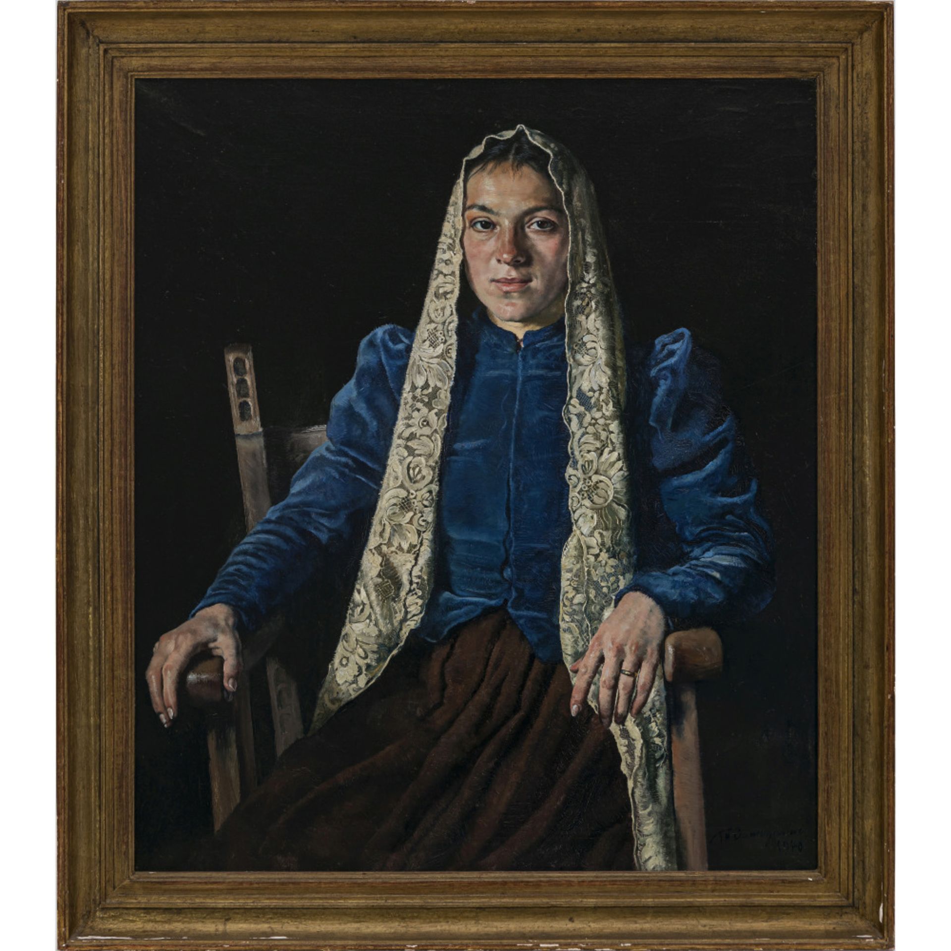 Thomas Baumgartner - Young peasant woman wearing blue velvet stays. 1940 - Image 2 of 2