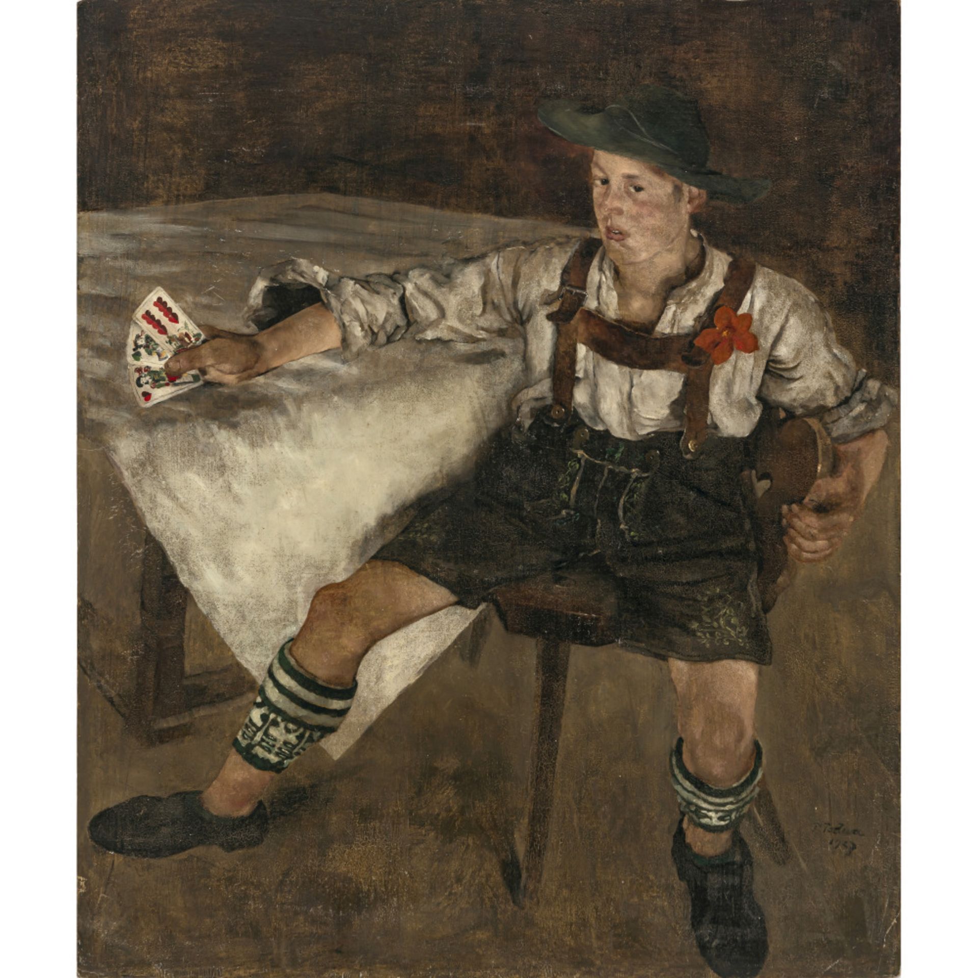 Paul Mathias Padua - Young boy in leather pants with playing cards. 1927