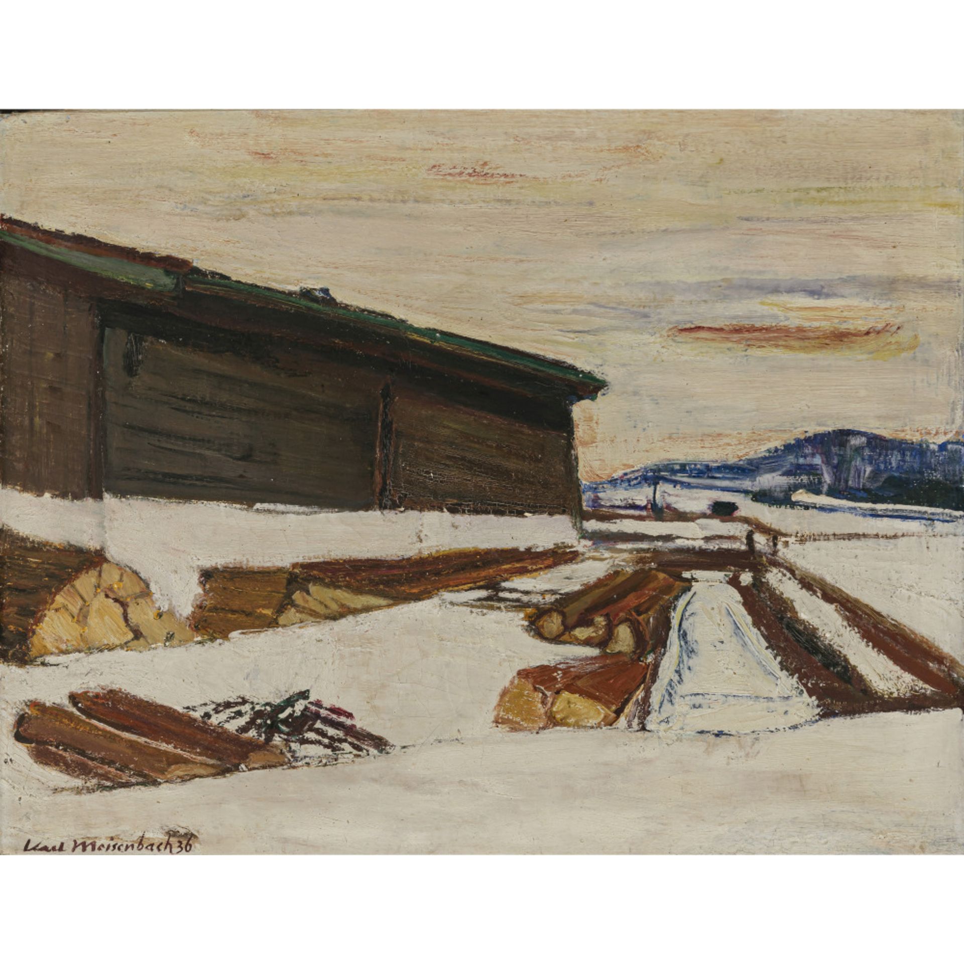 Karl Meisenbach - Winterlandschaft mit Hütte im Sonnenuntergang. 1936