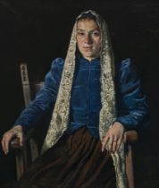 Thomas Baumgartner - Junge Bäurin im blauen Samt Mieder. 1940