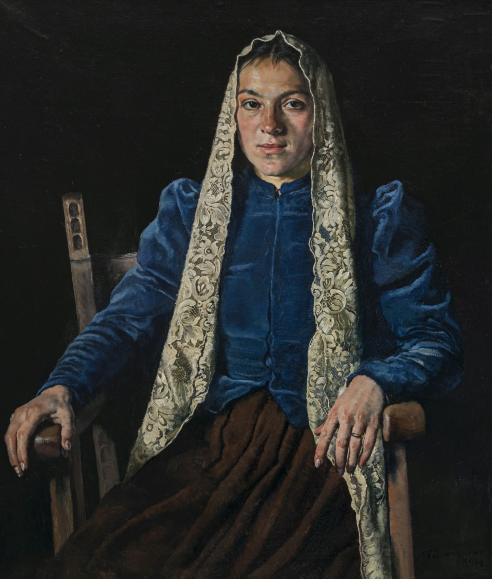 Thomas Baumgartner - Young peasant woman wearing blue velvet stays. 1940