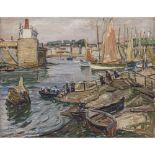 Arnold Balwé- Harbor scene with nuns and sailing boats. 1928