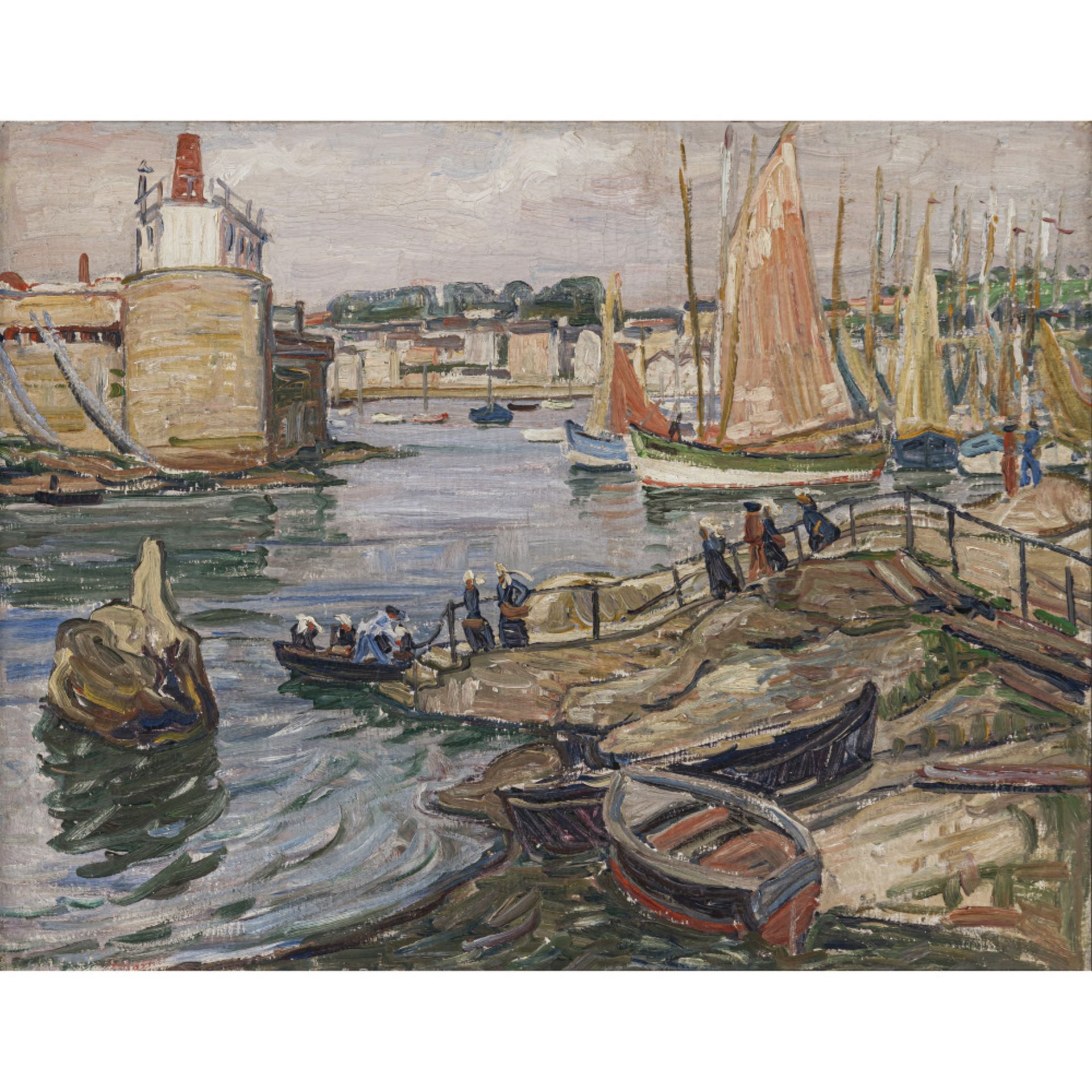 Arnold Balwé- Harbor scene with nuns and sailing boats. 1928