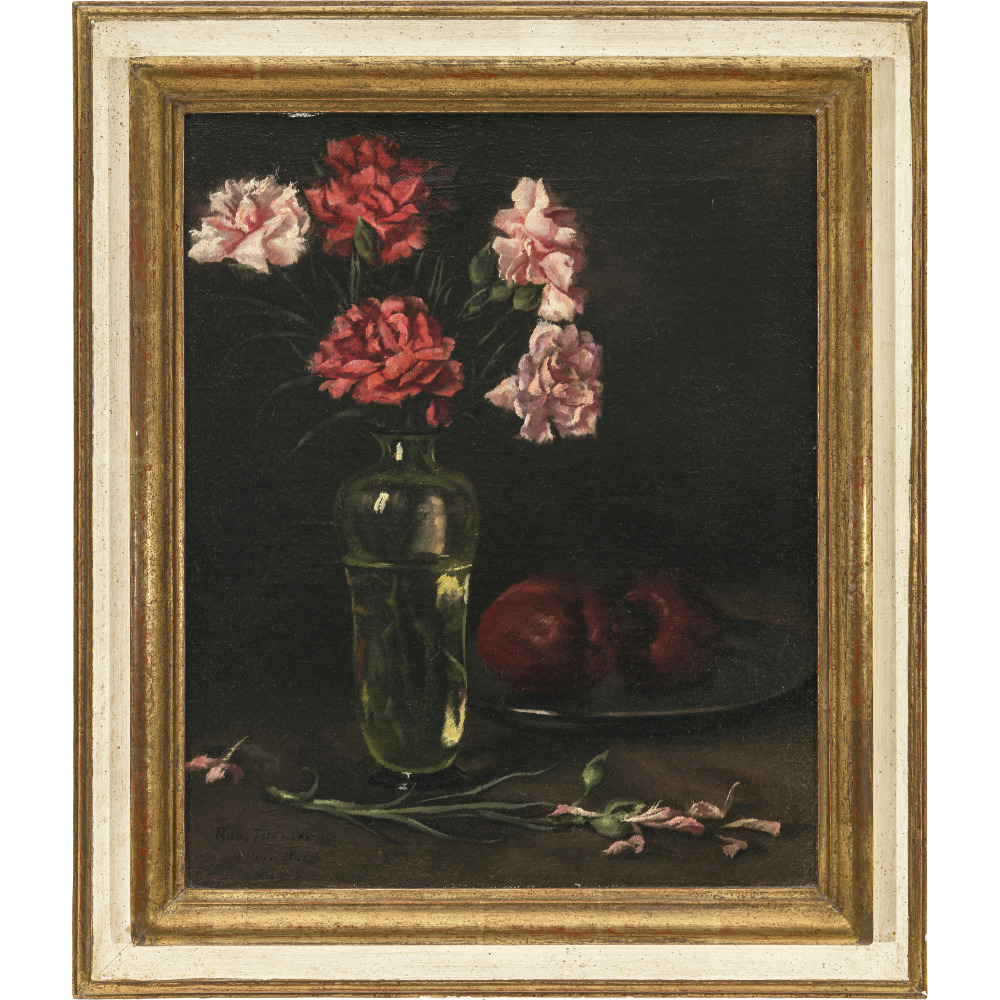 Roman Feldmeyer - Still life with carnations in a flower vase and a pewter plate with two apples. 19 - Image 2 of 3