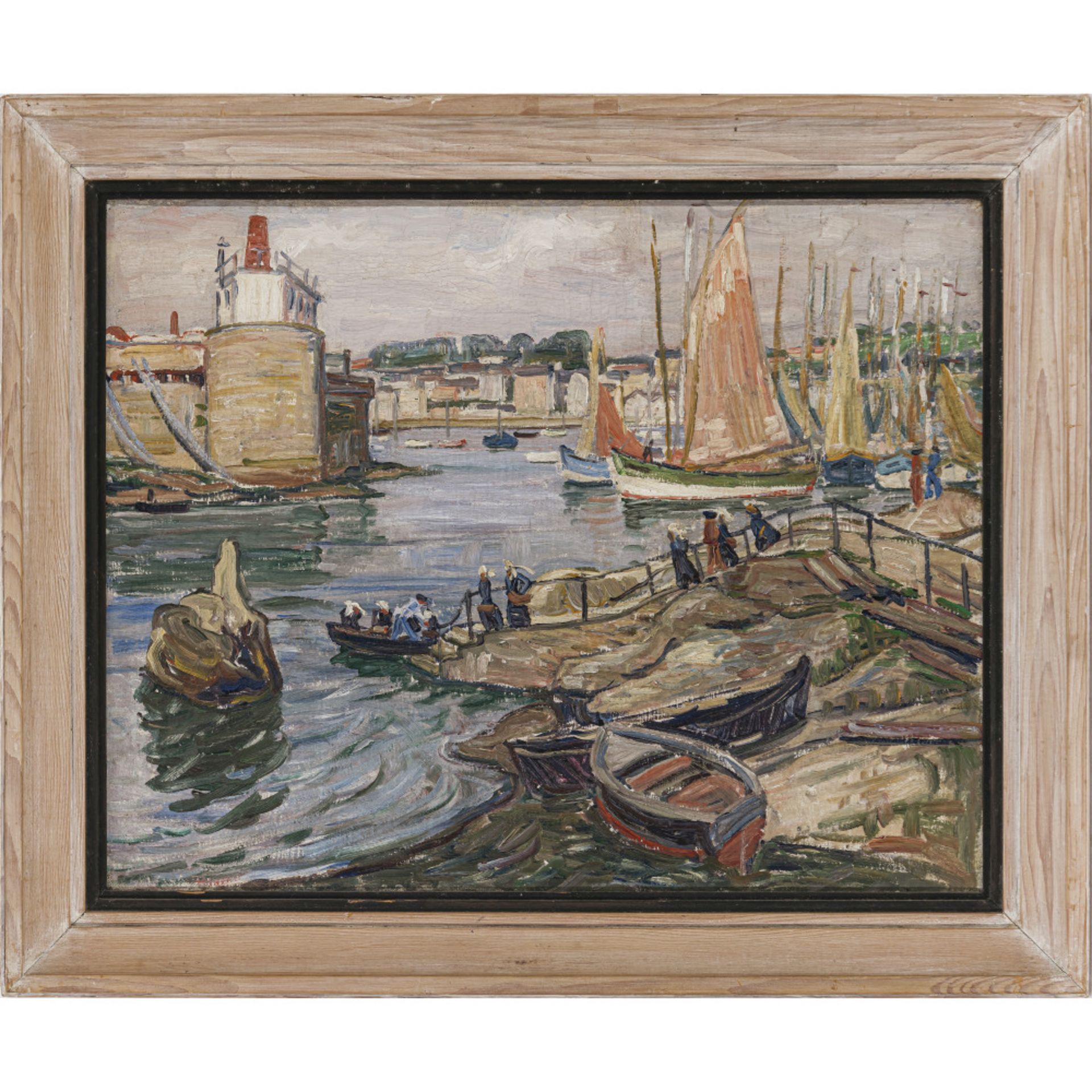 Arnold Balwé- Harbor scene with nuns and sailing boats. 1928 - Image 2 of 3