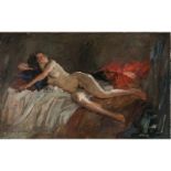 Hermann Groeber - Reclining female nude with red cloth
