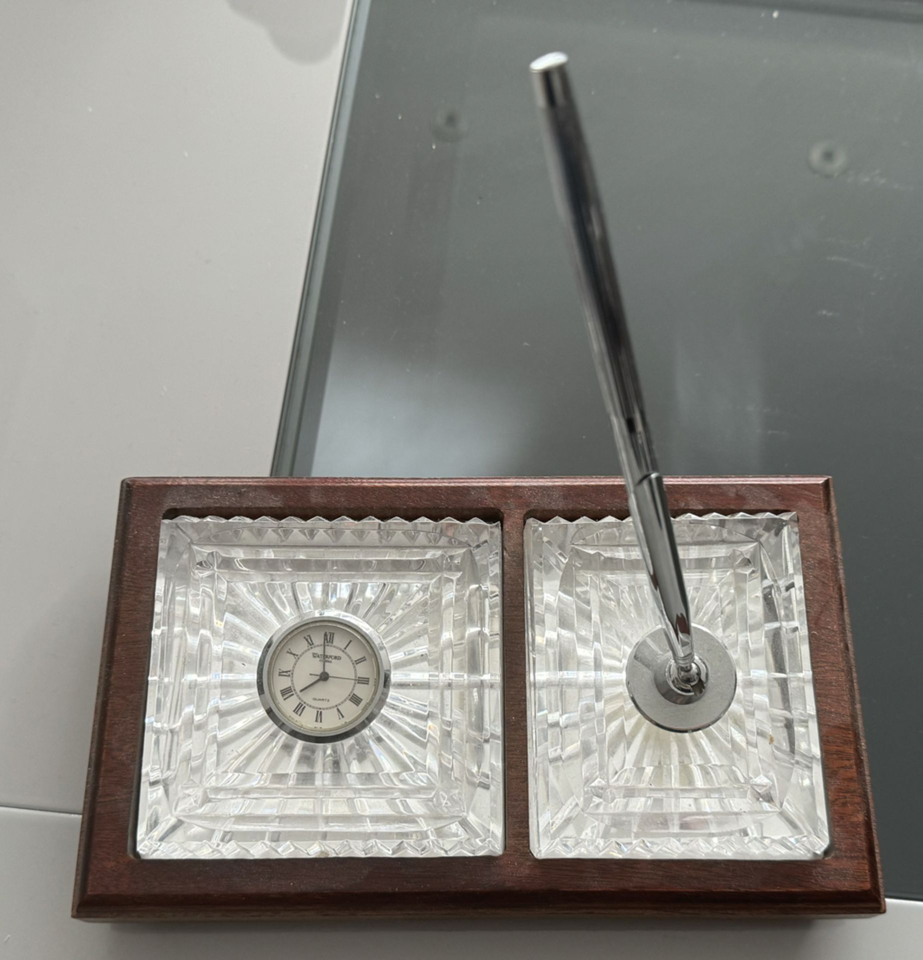 Waterford Crystal Quartz Clock and Pen Set on Wooden Base