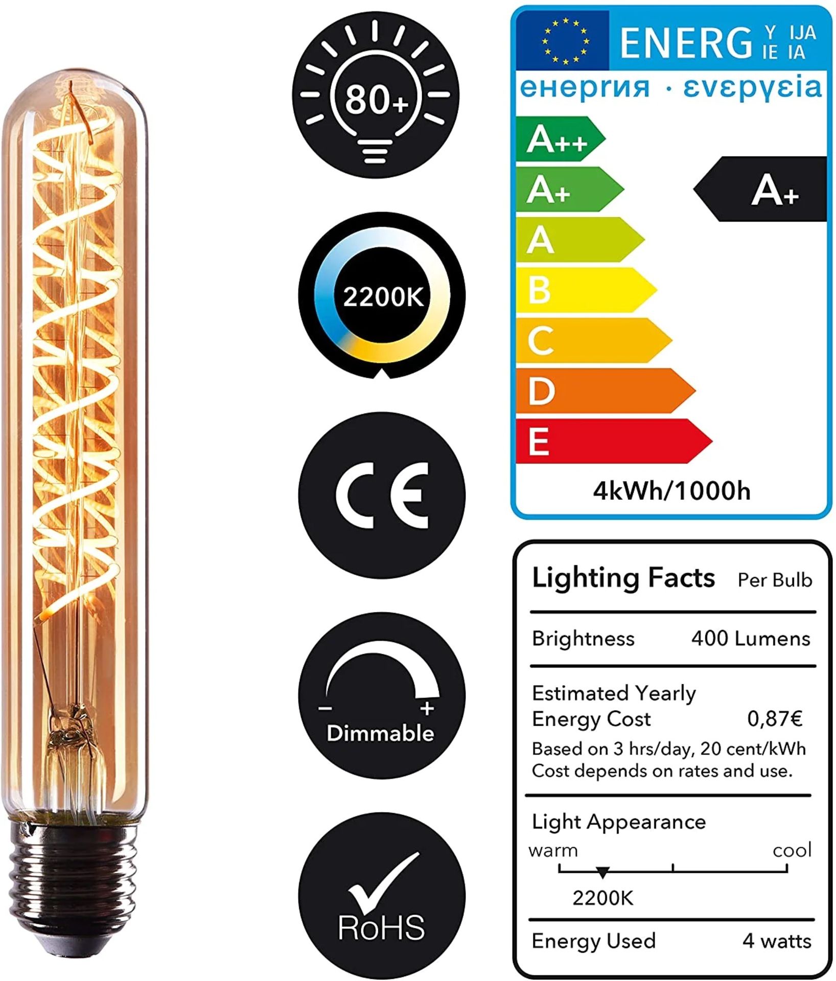 6 x CROWN LED Edison Flat Pipe Lightbulb 4W/40W Warm White - NEW & BOXED - BIG RRP! - Bild 7 aus 8