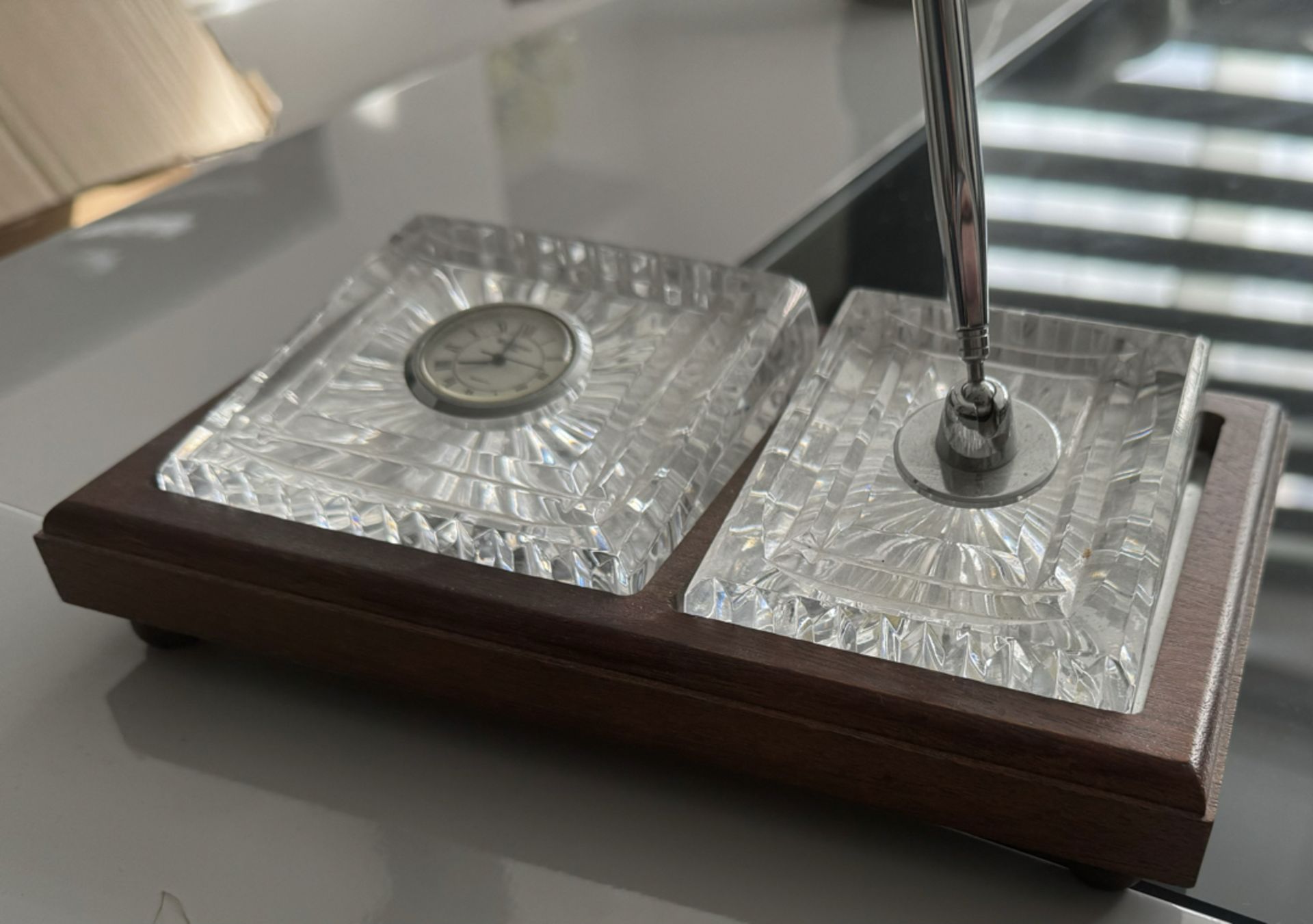 Waterford Crystal Quartz Clock and Pen Set on Wooden Base - Image 2 of 3