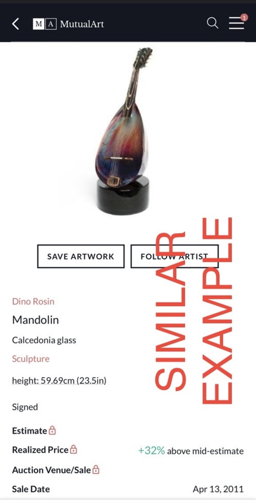 Stunning â€˜Dino Rosinâ€™ - Murano Art Glass Mandolin Sculpture - Image 14 of 16