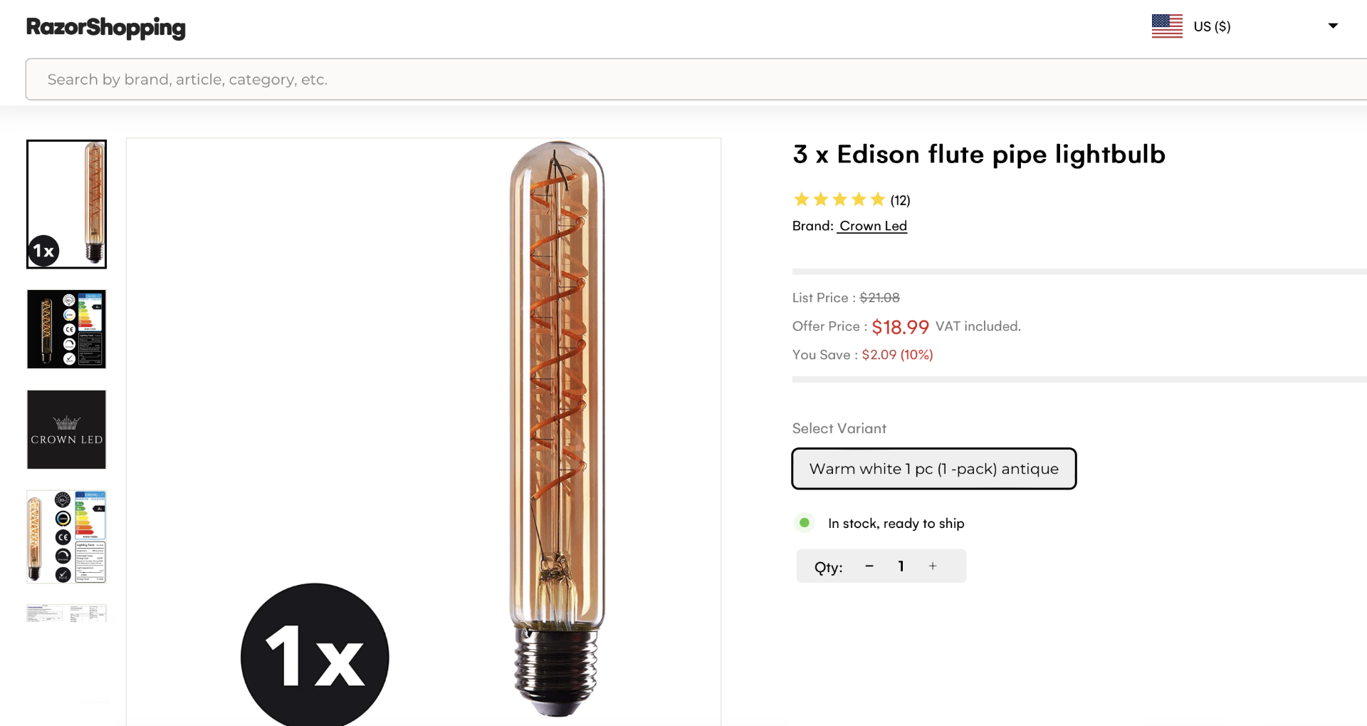 6 x CROWN LED Edison Flat Pipe Lightbulb 4W/40W Warm White - NEW & BOXED - BIG RRP! - Bild 2 aus 8