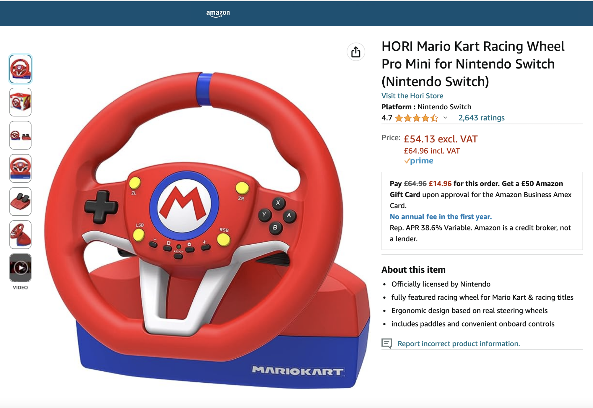 RAW RETURN - HORI Mario Kart Racing Wheel Pro Mini for Nintendo Switch - RRP NEW Â£64.99 EACH ! - Bild 3 aus 10