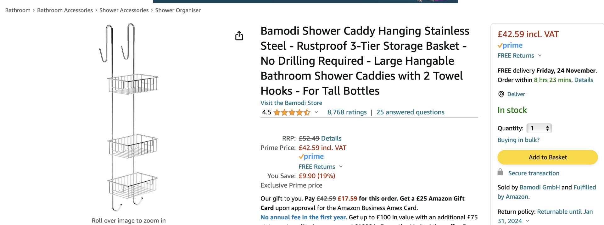 Bamodi Shower Caddy Hanging Stainless Steel 3 Shelf - (NEW) - RRP Â£50+!