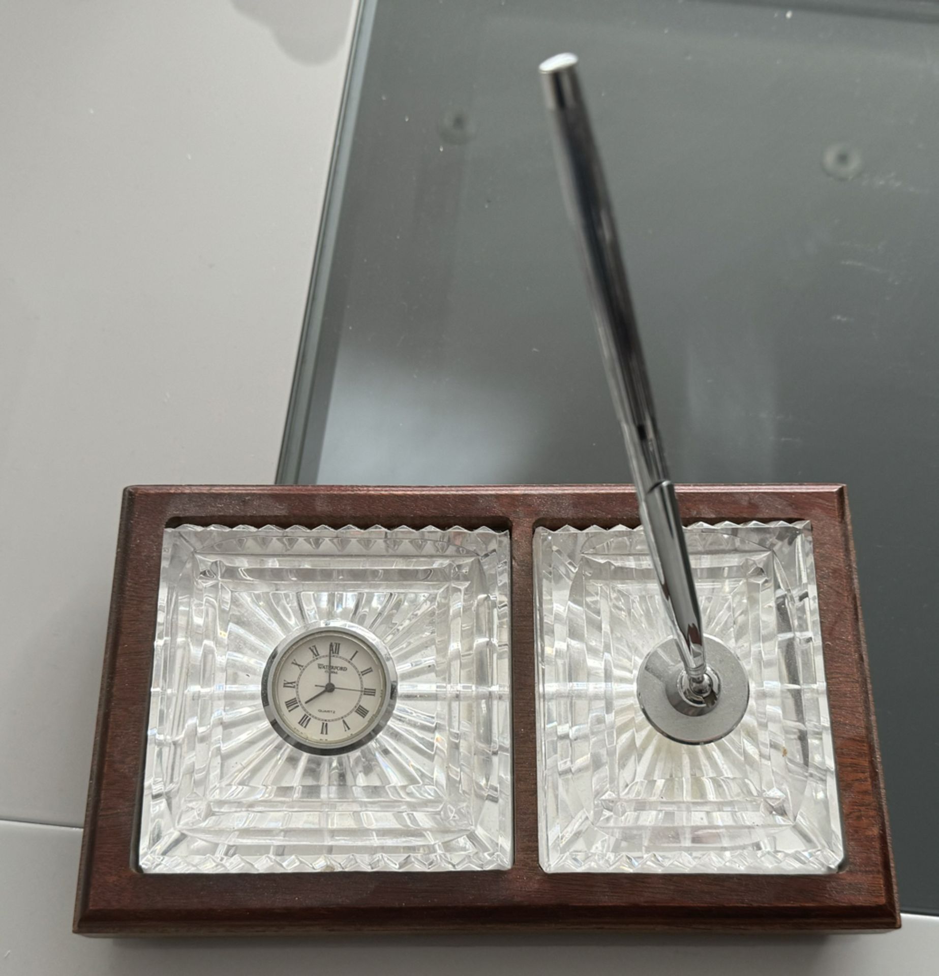 Waterford Crystal Quartz Clock and Pen Set on Wooden Base - NO VAT !