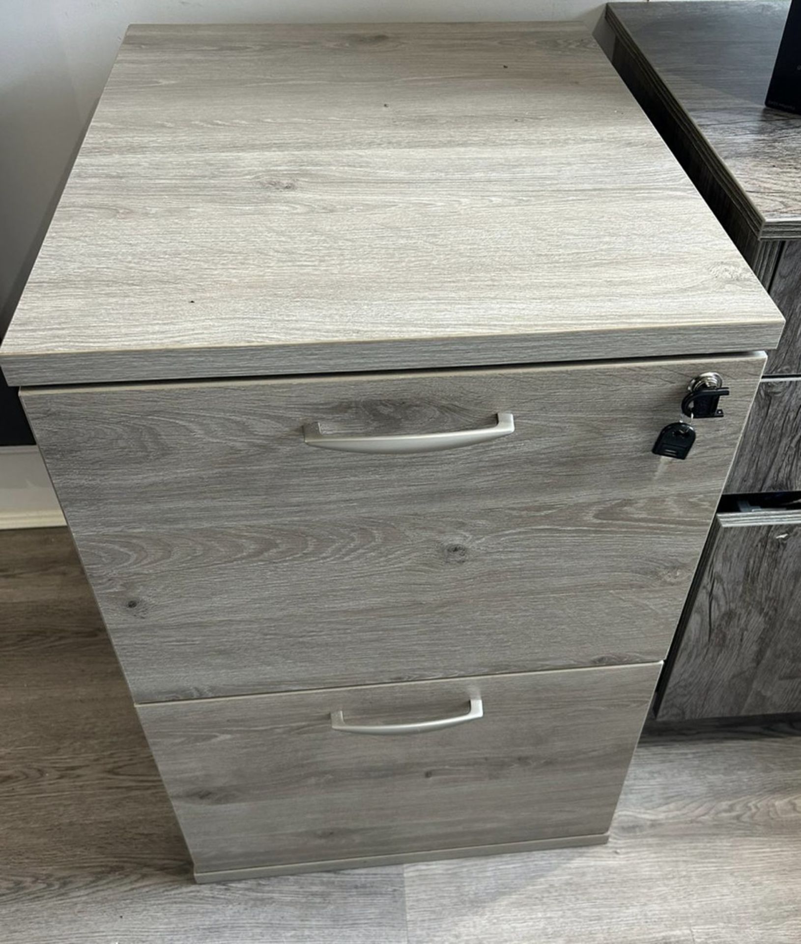 Grey Oak 2 Drawer Filing Cabinet with Lock and Key - Condition As New  -   NO VAT!