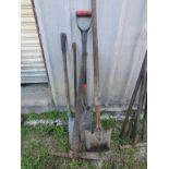 pick axe, 2 shovels & pry bar