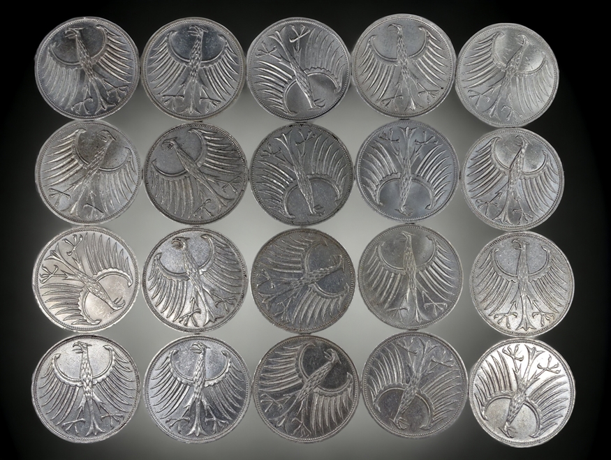 20x 5 Deutsche Mark = 100 DM, Adler, Silber, zus. 224,0 Gramm - Image 2 of 3