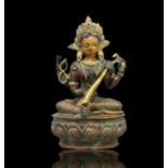 Antike Asiatische Statue aus Kupfer " Saraswati " Göttin der Musik , tlw. vergoldet u. bemalt