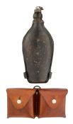 A SWISS LEATHER-COVERED WATER BOTTLE, LATE 19TH CENTURY AND A SWISS DOUBLE CARTRIDGE POUCH