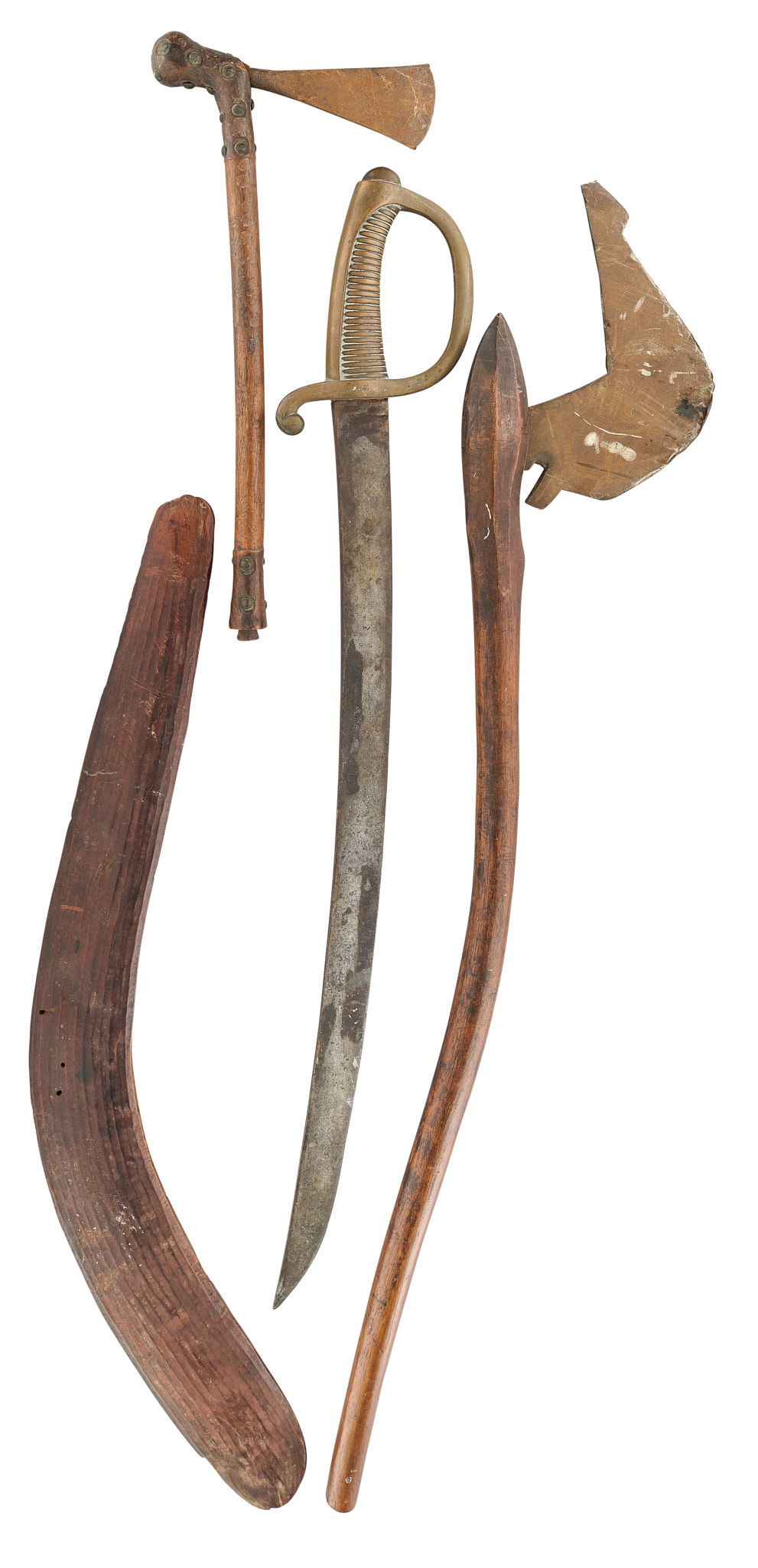 TWO AFRICAN AXES, A BOOMERANG AND A FRENCH MODEL 1816 INFANTRY SHORTSWORD (BRIQUET)