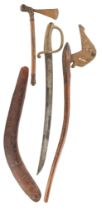 TWO AFRICAN AXES, A BOOMERANG AND A FRENCH MODEL 1816 INFANTRY SHORTSWORD (BRIQUET)