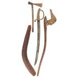 TWO AFRICAN AXES, A BOOMERANG AND A FRENCH MODEL 1816 INFANTRY SHORTSWORD (BRIQUET)