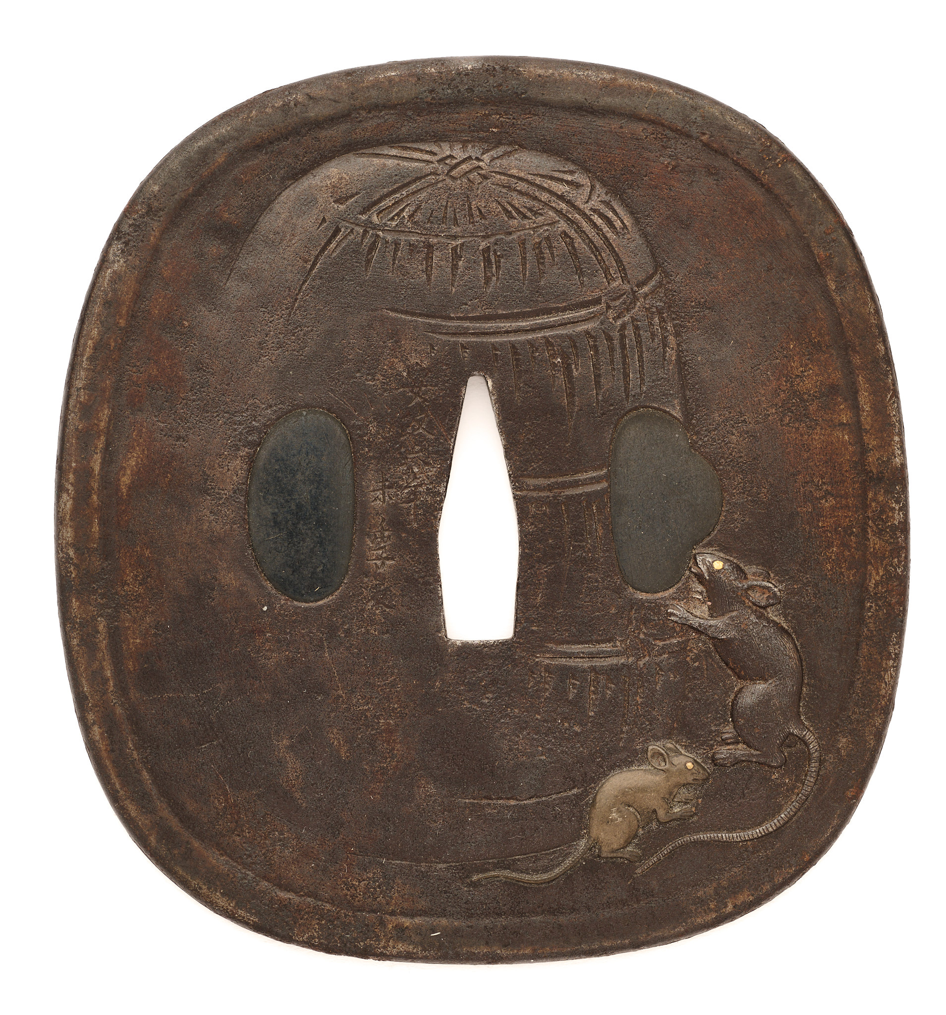 A JAPANESE IRON TSUBA (HAND GUARD) OF AORI GATA (SADDLE BAG) FORM, CIRCA 1859