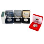 2003/14 5 X IRISH €10 SILVER PROOF 38MM COINS, COA & cases, 28 g. 92.5% Silver. 2003 Olympic, 2004