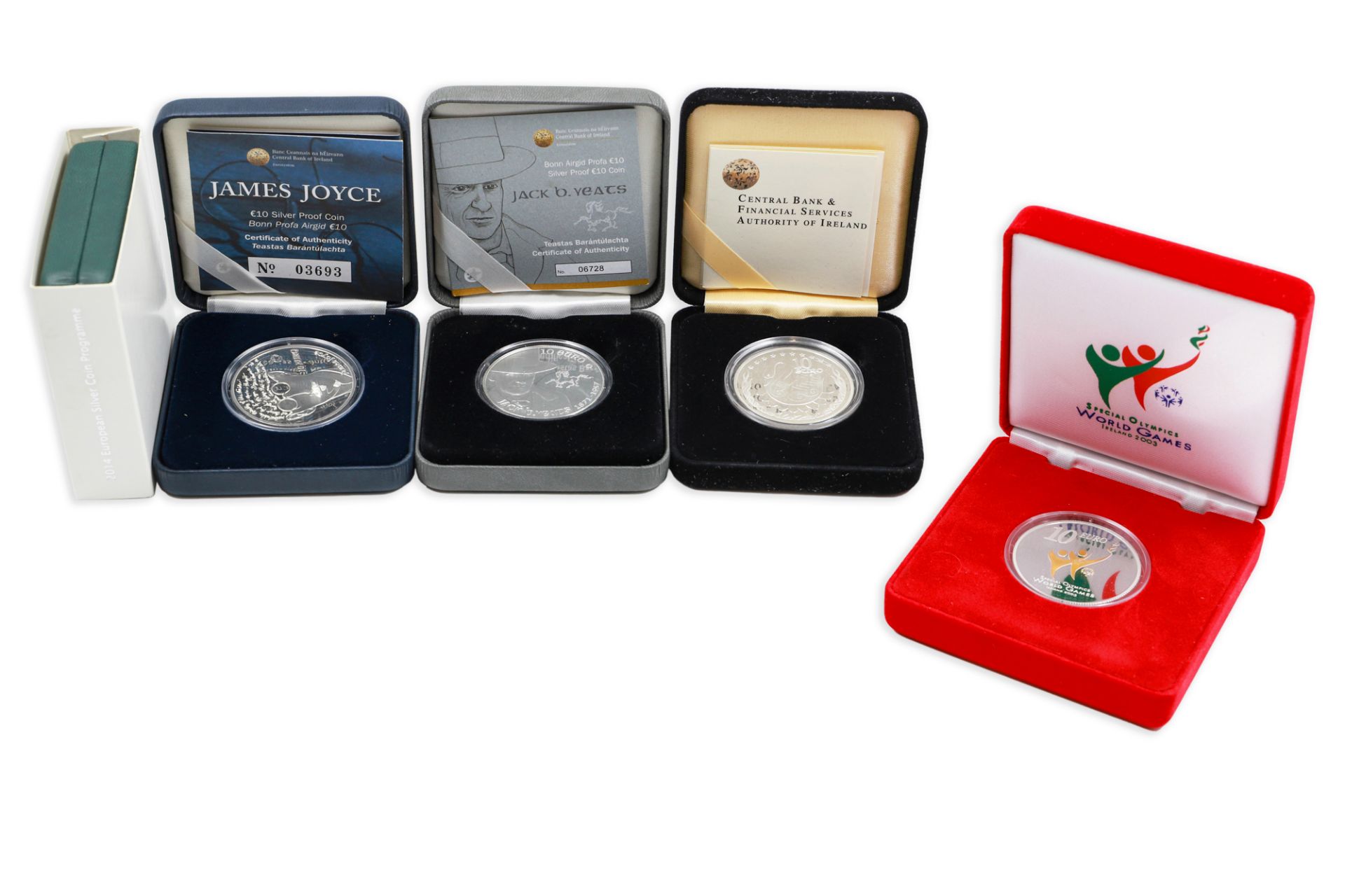 2003/14 5 X IRISH €10 SILVER PROOF 38MM COINS, COA & cases, 28 g. 92.5% Silver. 2003 Olympic, 2004