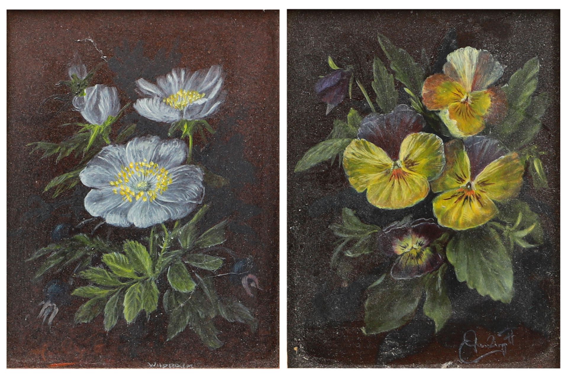 FRED GRUIZINGA, IRL SCHOOL, “Pansies” & “Wild roses” (a pair) hand painted on bronze coated tublets,