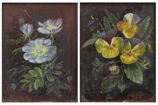FRED GRUIZINGA, IRL SCHOOL, “Pansies” & “Wild roses” (a pair) hand painted on bronze coated tublets,