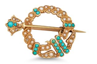 A VINTAGE TARA STYLE BROOCH, set with seed pearl and turquoise, 6.9 g.