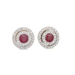 A PAIR OF DIAMOND AND RUBY CLUSTER TARGET EARRINGS, mounted in 9ct yellow gold
