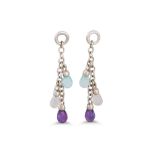 A PAIR OF 18CT WHITE GOLD DROP EARRINGS, suspending coloured gem stones