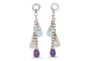 A PAIR OF 18CT WHITE GOLD DROP EARRINGS, suspending coloured gem stones