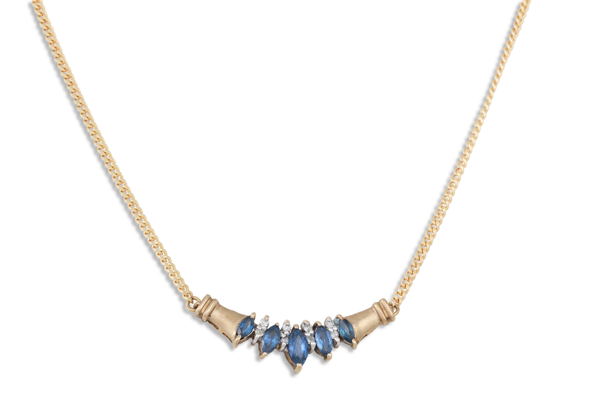 A DIAMOND AND SAPPHIRE NECKLACE, the five marquise cut sapphires to diamond dividers, mounted in