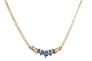 A DIAMOND AND SAPPHIRE NECKLACE, the five marquise cut sapphires to diamond dividers, mounted in