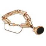 AN 18CT GOLD ANTIQUE DOUBLE TROMBONE LINK BRACELET, together with a fob, 43.8 g.